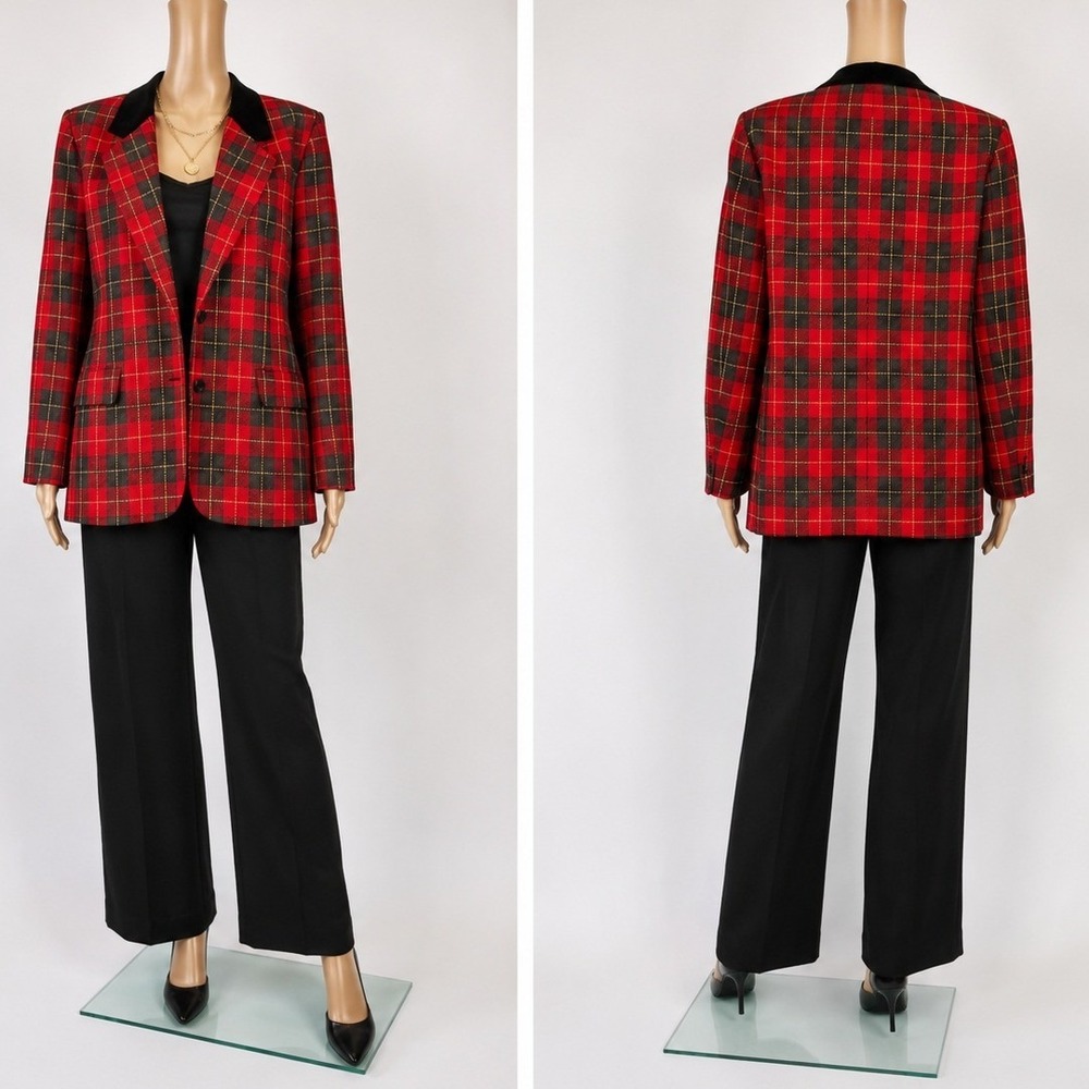 Sag Harbor Petite Blazer Womens 10 Red Plaid Wool Blend Velvet Collar Christmas
